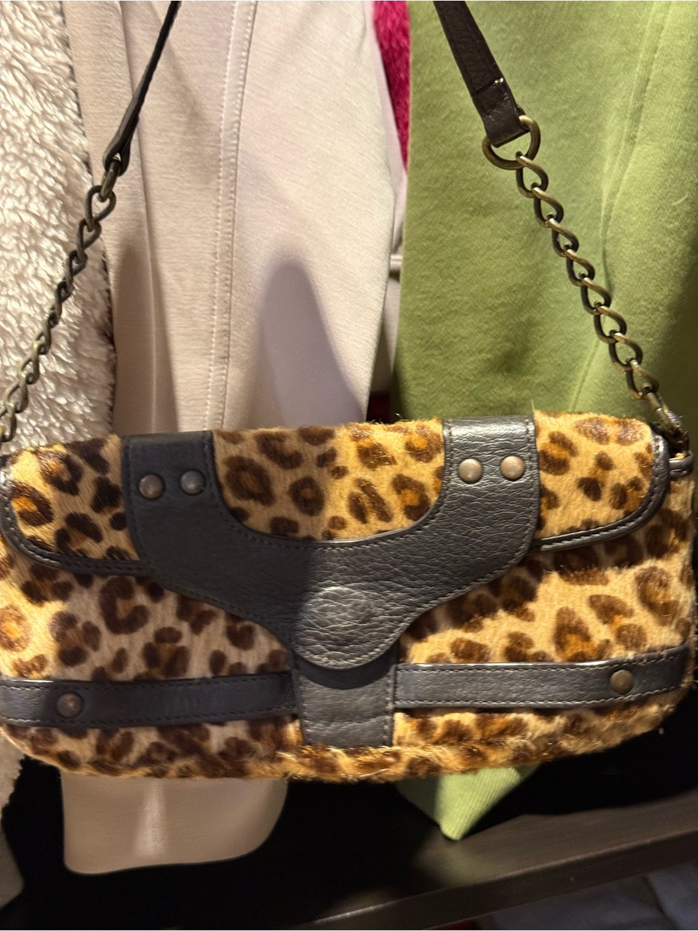 STACCATO Leopard Print leather and Fur Shoulder Bag with Black Leather
